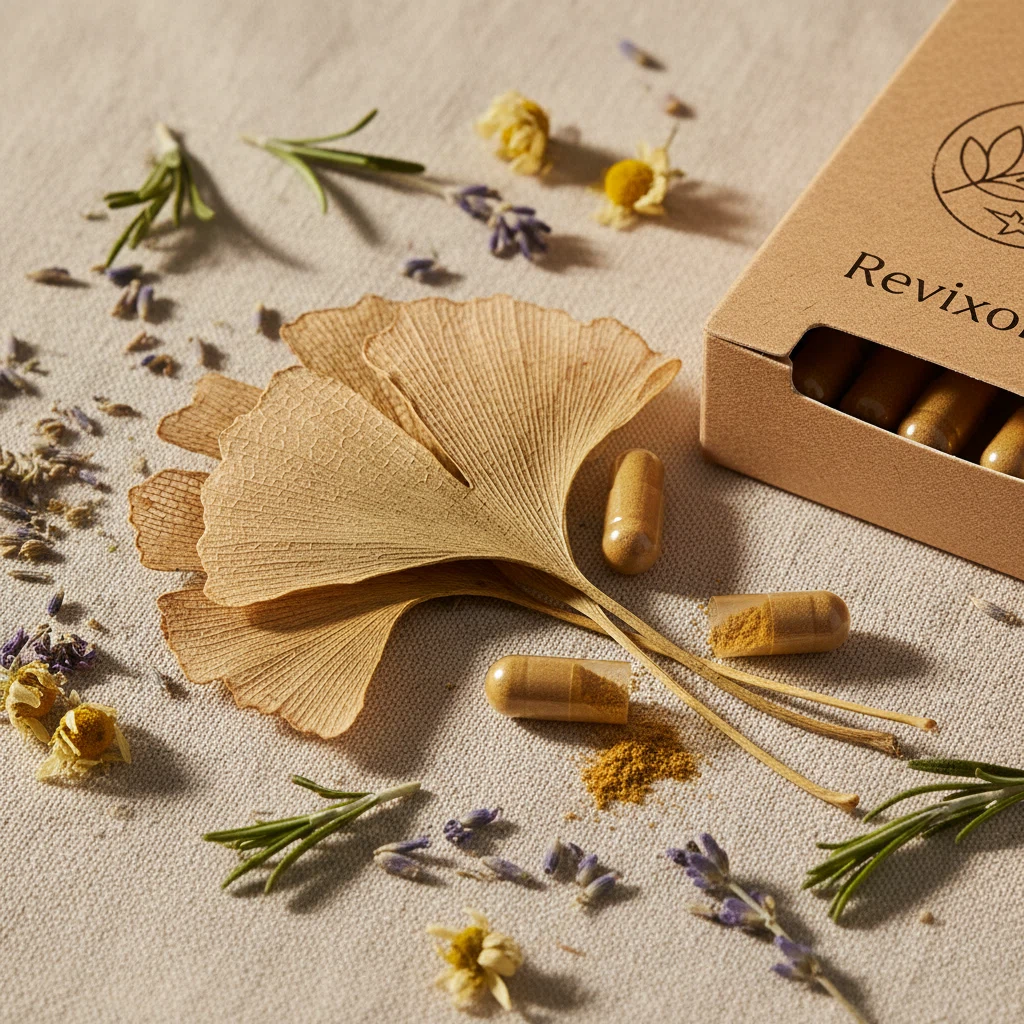 Close-up macro of botanical plant extracts including ginkgo biloba leaves and amber capsules for plant-based auditory support