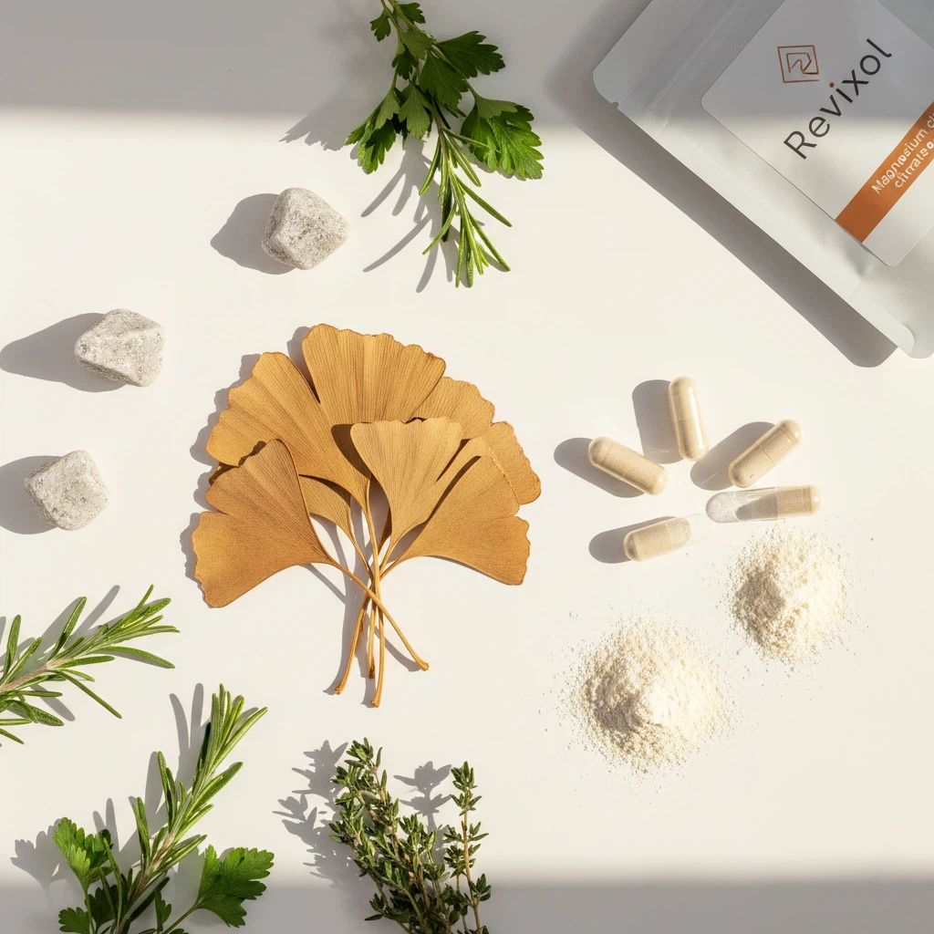 Ginkgo biloba ear support supplement ingredients - botanical flat-lay of dried ginkgo leaves, zinc mineral stones, magnesium capsules and fresh herbs on white surface