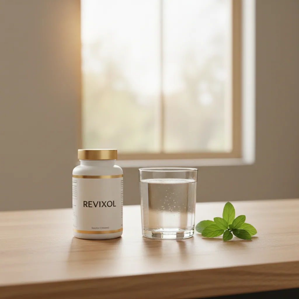 Revixol supplement bottle on light oak desk beside water glass - daily ear wellness routine supplement
